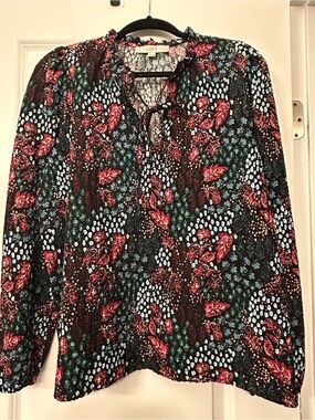 LOFT Black Floral Tie-Neck Long Sleeve Blouse with Red & Blue Accents